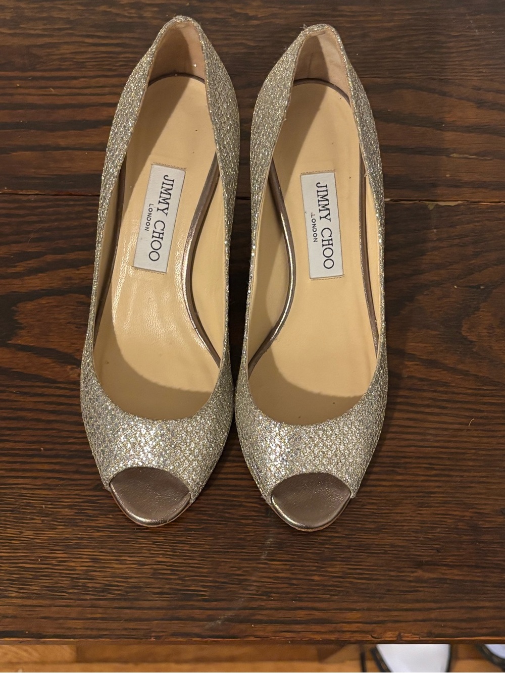 Jimmy Choo Sparkling Gold Peep-Toe Heels